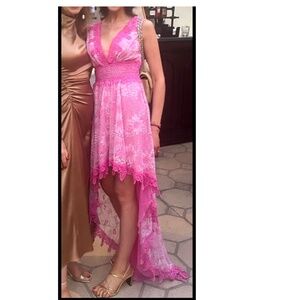Temptation Positano Lace & Crochet Hi-Low Maxi Dress-Hot Pink-Made in Italy - S
